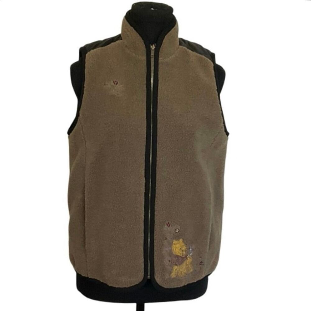 Disney Store Winnie the Pooh Embroidered Fleece Vest Womens Small Brown Sherpa